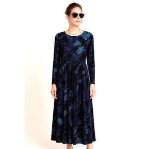 Anne Klein Large Long-Sleeve Lined Dress Abstract Print Blue Black Polyester